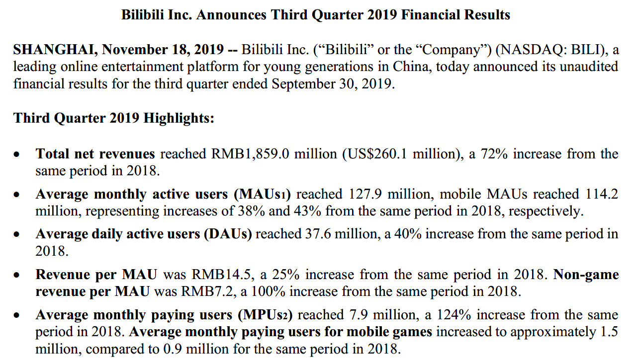 B 站 2019 年 Q3 财报
