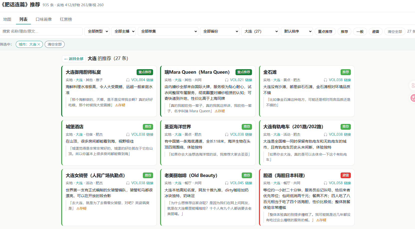 列表页：每条推荐带分类、理由，可按类型/主播/单集筛选