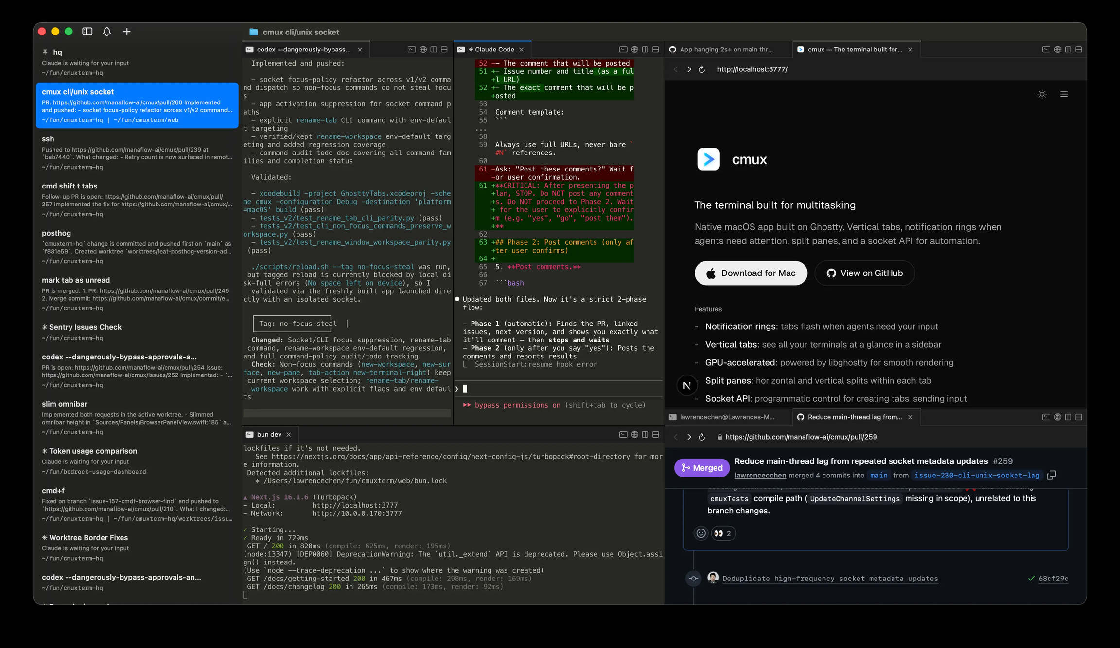 CMUX 界面：左侧垂直侧边栏显示 workspace 列表、git 分支、PR 状态等信息