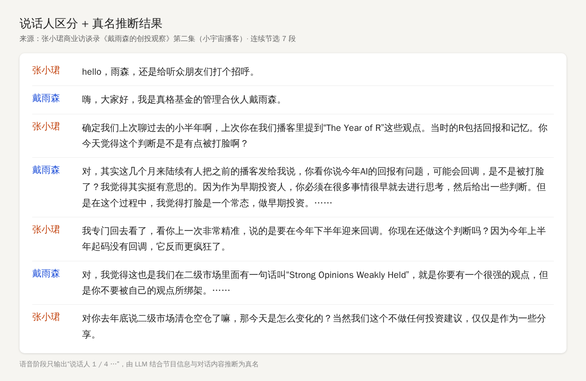 区分说话人之后,再由 LLM 结合节目信息把「说话人 1、2」推断成真名