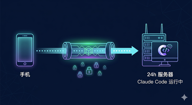 远程接入方案架构：手机通过加密隧道连接到 24h 服务器上的 Claude Code