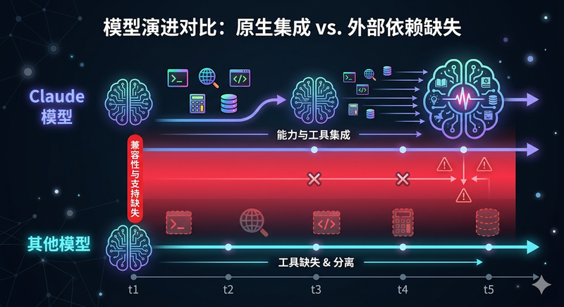 模型能力与工具链的错配：Claude 模型内化工具能力后，其他模型接入会缺失对应工具